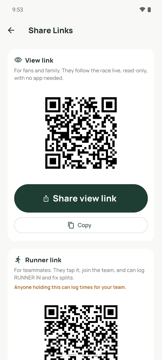 Share links screen: a read-only view link for spectators and a runner link for the team, each shown as a QR code